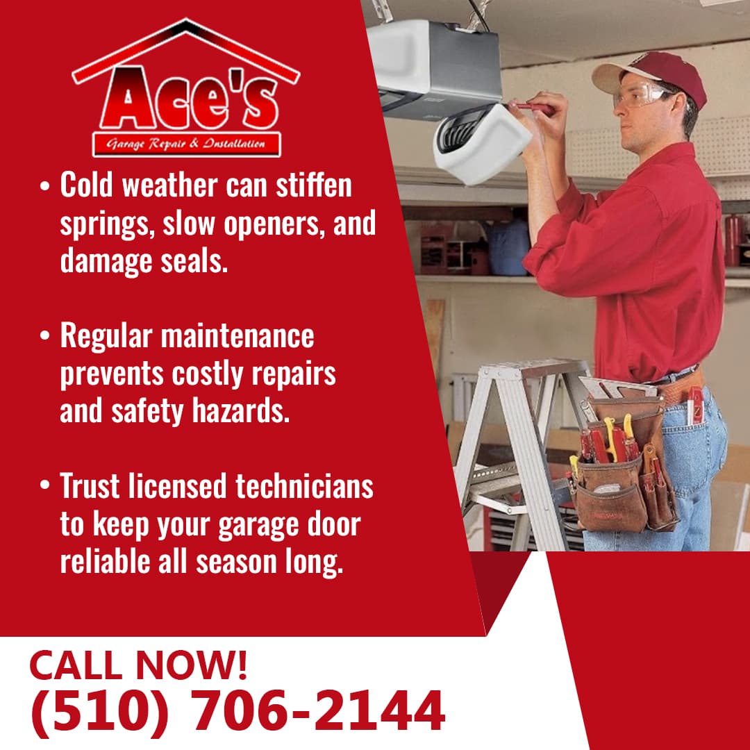 Garage door technician standing on a ladder adjusting a garage door opener during cold-weather maintenance by Ace’s Garage Door Repair & Installation
