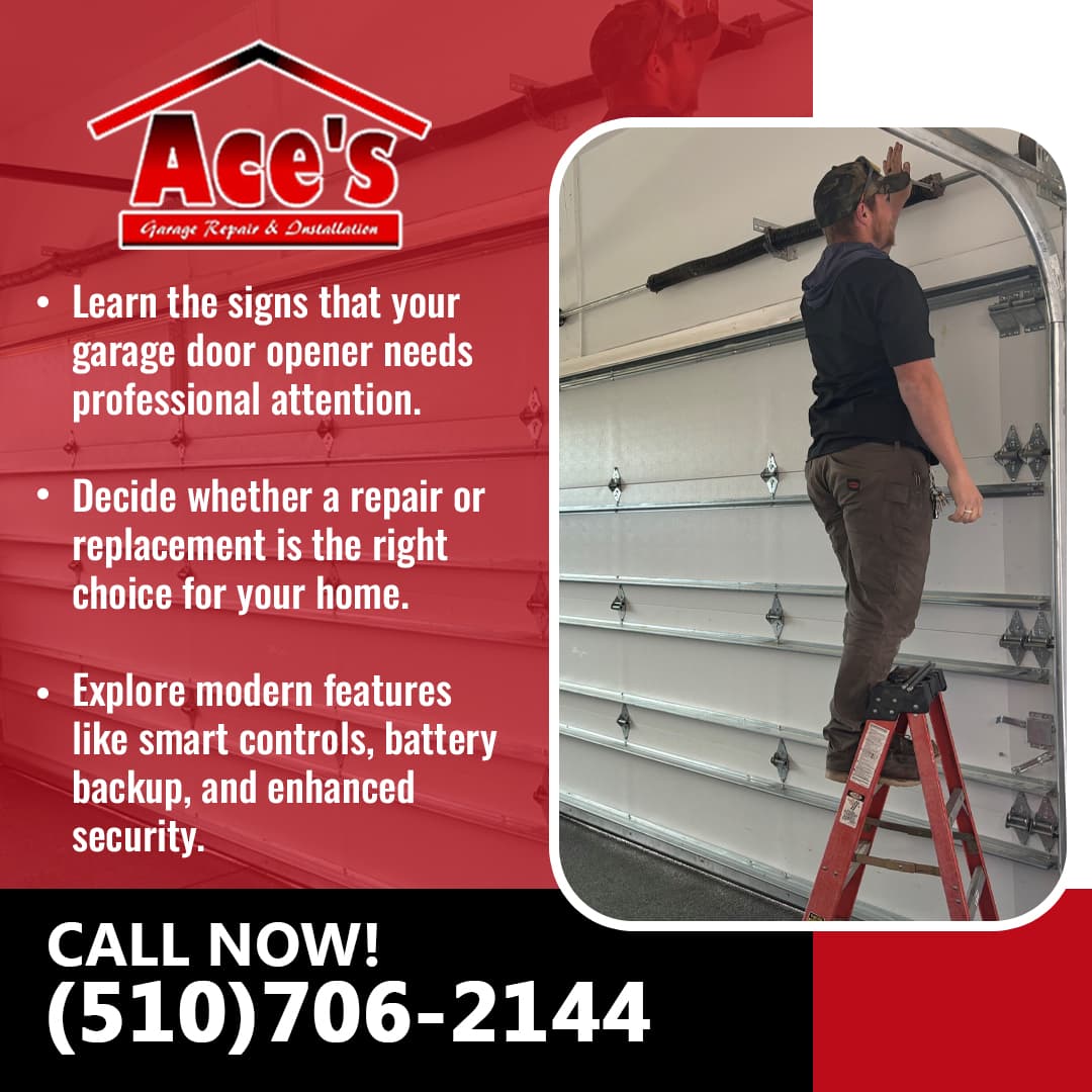 Technician inspecting a residential garage door opener to determine repair or replacement