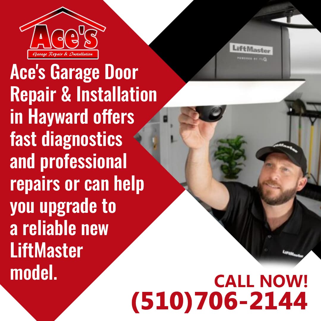 Technician installing a LiftMaster garage door opener for fast garage door repair in Hayward
