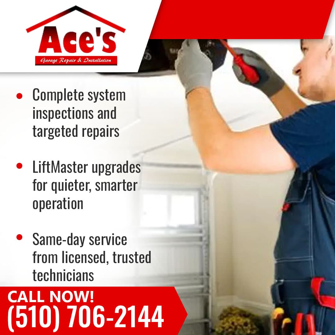 Technician performing garage door opener inspection and adjustment with screwdriver