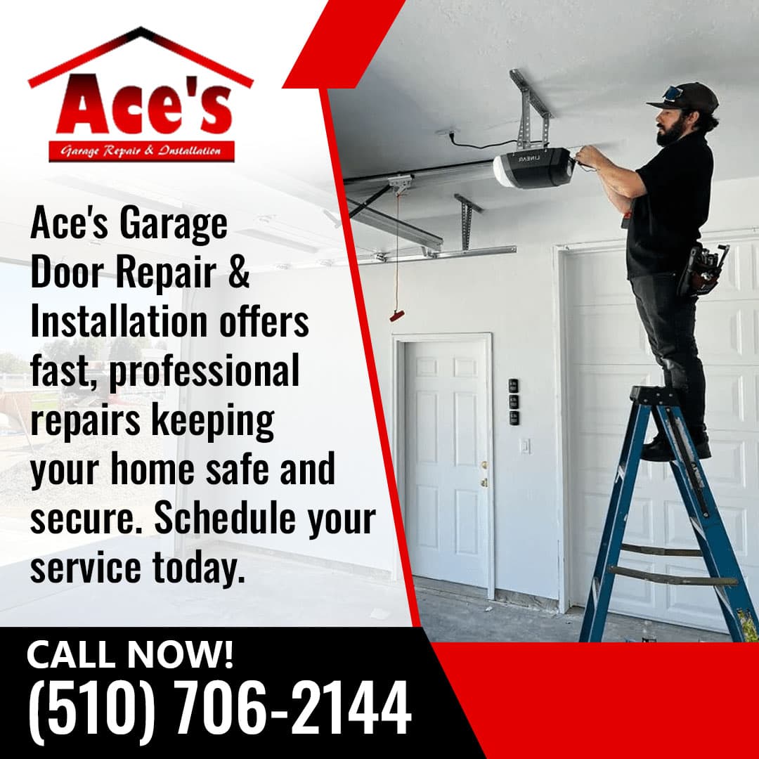 Technician installing garage door opener motor while standing on ladder in residential garage