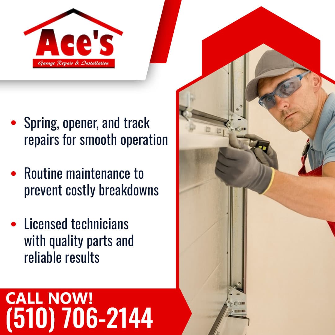 Technician repairing garage door track and hardware with hand tools